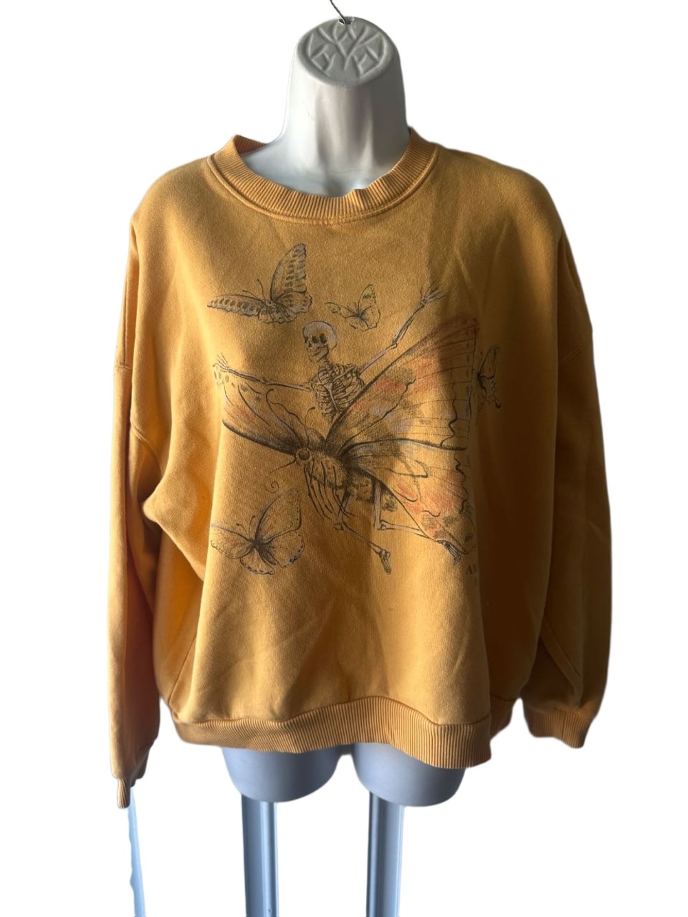 American Eagle Skeleton Butterfly Graphic Crewneck Sweatshirt Mustard Yellow L